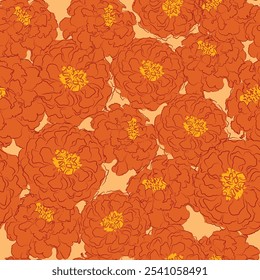 marigold vector seamless pattern, hand drawn illustration, background. Marigold flower line drawing stylized flower. Suitable for backgrounds, wallpapers, fabrics, textiles, wrapping papers.Abstract 