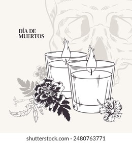 Marigolds with burning candles and a human skull in the background. Vector illustration. Cempasuchil for the day of the dead. Dia de Los Muertos concept. For card, background, banner.