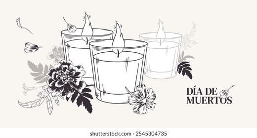 Marigolds with burning candles. Vector monochrome illustration. Cempasuchil for Day of the Dead. Dia de Los Muertos concept. Tagetes for card, background, banner, label