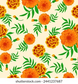 Marigolds, leaves and buds on a light background. Indian holiday Diwali. Mexican holiday of the dead. Vector seamless pattern