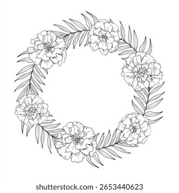 Marigolds e deixa grinalda vetorial monocromática com espaço vazio para texto. Modelo de simbolismo floral preto e branco para cartões Dia de Muertos, decoração festivais indianos, cartão de saudação, embalagem cosmética.