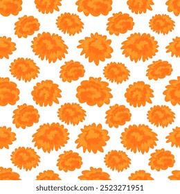 Marigolds seamless pattern. Vector hand drawn illustration. Orange flowers for Diwali Hindu festival of light and Mexican Day of the Dead. Сempasúchil ornament with flat modern elements on white