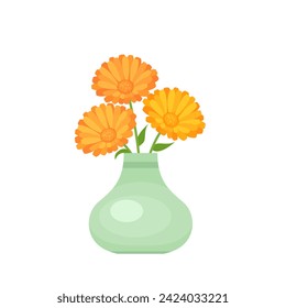 Ringelblume in Vase. Vektorgrafik-Flachbild-Illustration von orangefarbenen Blumen. Calendula schöne Bouquet-Symbol.