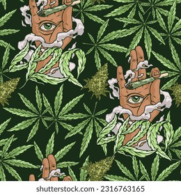El patrón de marihuana 420 es perfectamente colorido con la etiqueta de vacaciones de fumar en la mano y en el de fumar cannabis el 20 de abril ilustración vectorial