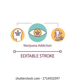 Icono del concepto de adicción a la marihuana. Ilustración delgada de la idea de la dependencia psicoactiva del fármaco. Efecto adverso del hábito de fumar hierba. Trastornos del uso de cannabis. Dibujo de color RGB con contorno aislado por vectores. Trazo editable