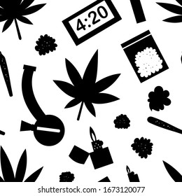 Marijuana schwarz-weiß nahtloses Muster. Rauchen auf Unkraut flach Design nahtlose Muster auf weißem Hintergrund.