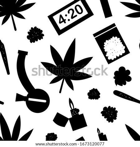 Marijuana black and white seamless vector pattern. Smoking weed flat design seamless pattern on white background.