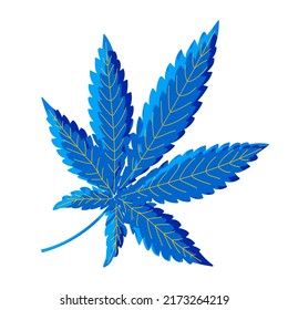 Marijuana blue leaf on a white background. Drawing of a narcotic plant for printing. Vector.