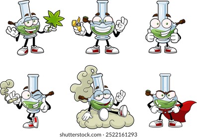 Marijuana Bong Cartoon Character. Vector Hand Drawn Collection Set Isolated On Transparent Background