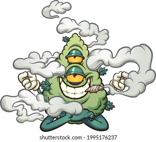 Marijuana bud character smoking and floating in a lotus flower position. Vector clip art illustration with simple gradients. All on a single layer.
