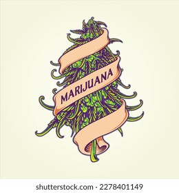 Marijuana bud plant weed leaf with ribbon ornament logo illustrations vector for your work logo, merchandise t-shirt, stickers and label designs, poster, greeting cards advertising business company 