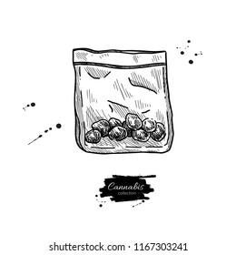 Marijuana buds in plastic bag. Vector drawing. Package of medical cannabis. Vintage hand drawn engraved illustration. Sketch object for shop label, sign, packaging design.