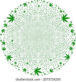 La marihuana estalló en racimo esférico. Patrón de objeto creado a partir de pictogramas dispersos de marihuana como círculo de ráfaga. Resumen mosaico esférico globula creado a partir de íconos de la marihuana.