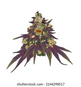 arbusto de marihuana con la cara de una mujer