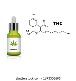 Marihuana o cannabis con moléculas de fórmula THC. Para atención médica. Mochila del paquete sérico. Listo para aplicar a su diseño. Ilustración vectorial.