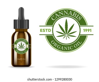 Marijuana, Cannabis, Hemp Oil. Realistic Brown Glass Bottle With Cannabis Extract. Icon Product Label And Logo Graphic Template. Isolated Vector Illustration.