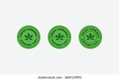 Conjunto de sellos vectores de marihuana o cannabis o cáñamo, plantillas de forma Círculo Té. Elemento de diseño, publicidad, envasado de productos CBD