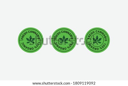 Marijuana or cannabis or hemp vector stamp set, Circle form templates Tea. Element for design, advertising, packaging of CBD products