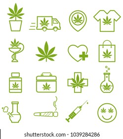 Marijuana, Cannabis icons. Set of medical marijuana icons. Marijuana leaf. Drug consumption. Marijuana Legalization. Isolated vector illustration.