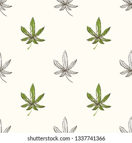 Marijuana or cannabis leaf seamless pattern background. CBD, cannabis, hemp oil. Vector illustration on white background in watercolor style for legal use of marijuana for medical purposes.