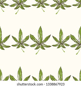 Marijuana or cannabis leaf seamless pattern background. CBD, cannabis, hemp oil. Vector illustration on white background in watercolor style for legal use of marijuana for medical purposes.