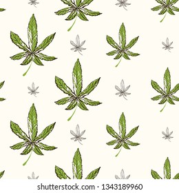 Marijuana or cannabis leaf seamless pattern background. CBD, cannabis, hemp oil. Vector illustration on white background in watercolor style for legal use of marijuana for medical purposes.