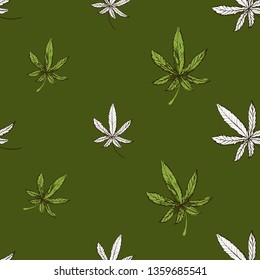 Marijuana or cannabis leaf seamless pattern background. CBD, cannabis, hemp oil. Vector illustration on green background in watercolor style for legal use of marijuana for medical purposes.