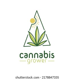 Marihuana Hoja de cannabis con diseño de logotipo Sun, Grasa simple y minimalista con logotipo Sunlight