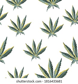El cannabis de la marihuana deja un patrón impecable en el fondo blanco. Ilustración vectorial dibujada a mano. Ideal para telas, tejidos, papel para envolver, etc.