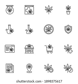 Marijuana, Cannabis Line Icons Set, Outline Vector Symbol Collection, Linear Style Pictogram Pack. Signs, Logo Illustration. Set Includes Icons As Medical Marijuana Store, Online Cannabis Shop, Leaf