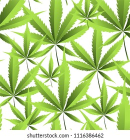 Marijuana and cannabis. Seamless vector pattern from green plant leaves.