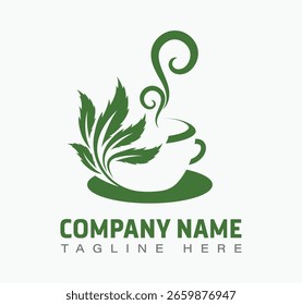Marijuana coffee logo design template, Green leaf coffee cup illustration with swirling steam