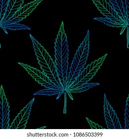 La marihuana tiene un patrón transparente de hojas azules y verdes. La mano dibujó fondo oscuro de cannabis narcótico. Fondo de ilustración vectorial Hemp sobre negro.