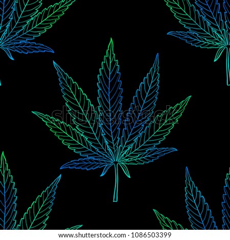 Marijuana contour blue and green leaf seamless pattern. Hand drawn dark narcotic cannabis background. Hemp vector illustration backdrop over black.