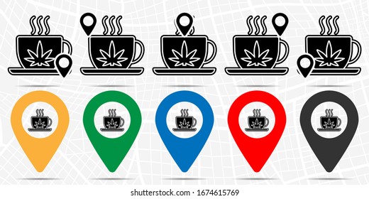 Marihuana, taza, ícono de té en conjunto de ubicación. Glifo simple, elemento de ilustración plana de iconos temáticos de marihuana