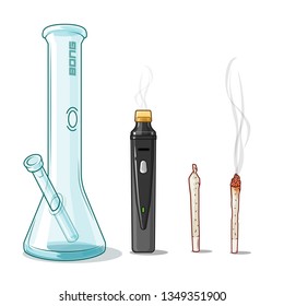 "Marijuana devices". Vector cartoon image of glass bong, vaporizer (electronic cigarette), smoke and joint (roll, cigarette) with marijuana.  