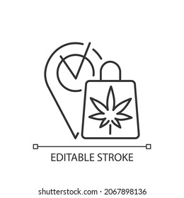 Marijuana Dispensary Linear Icon. Recreational Cannabis Retail Store. Buying Products Legally. Thin Line Customizable Illustration. Contour Symbol. Vector Isolated Outline Drawing. Editable Stroke