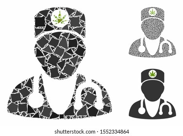 Marijuana doctor composition of humpy parts in different sizes and color tints, based on marijuana doctor icon. Vector uneven dots are united into composition.