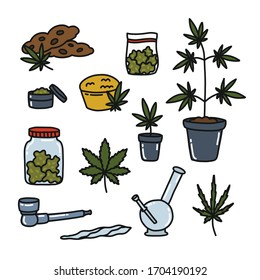 conjunto de iconos de doodle de marihuana, ilustración vectorial