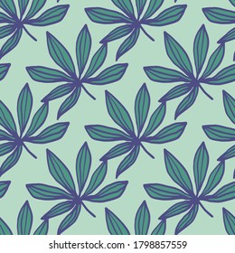 El doodle de marihuana es un patrón impecable. Ornamento de drogas dibujadas a mano y fondo en tonos verdes y azules. Fondo decorativo para papel pintado, papel envolvente, papel textil, tela. Ilustración vectorial.