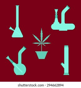 Marijuana equipment. Set of different bongs with cannabis plant in pot. Vector illustration on cranberry background.