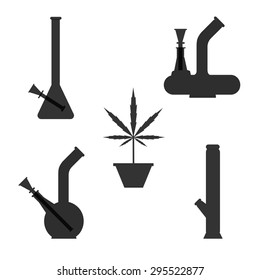 Marijuana equipment. Set of different bongs with cannabis plant in pot. Vector illustration on cranberry background.