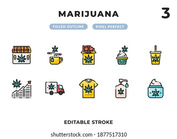 Marijuana Filled Icons Pack for UI. Editable Stroke. Pixel perfect thin line vector icon set for web design and website application.
