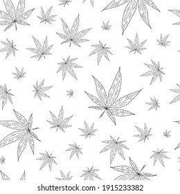 Marijuana Fluorescent Pattern Seamless Vector Pattern. Neon Medical Cannabis, Drawn Outline On A Dark Background. Weed Background For Packaging, Wallpaper, Wrapping Paper, Posters, Surface Design