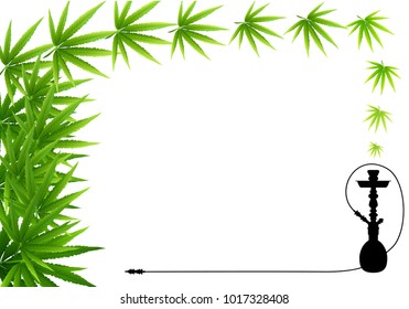 Marijuana Frame Green Leaf and black marijuana hookah. Cannabis marijuana hemp leaf in white color Vector Illustration background