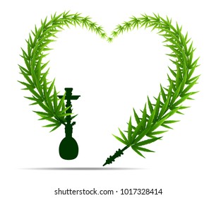 Marijuana Frame Green Leaf and black marijuana hookah. Cannabis marijuana hemp leaf in white color Vector Illustration background