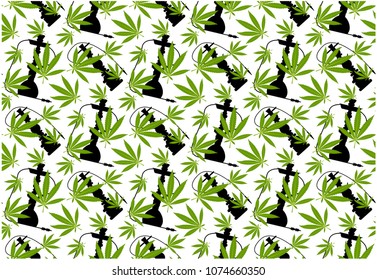Marijuana Frame Green Leaf and black marijuana hookah. Cannabis marijuana hemp leaf in white color Vector Illustration background.