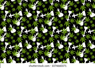Marijuana Frame Green Leaf and black marijuana hookah. Cannabis marijuana hemp leaf in white color Vector Illustration background.