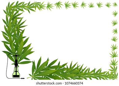 Marijuana Frame Green Leaf and black marijuana hookah. Cannabis marijuana hemp leaf in white color Vector Illustration background