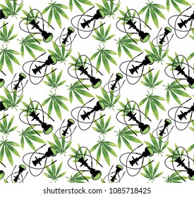 Marijuana Frame Green Leaf and black marijuana hookah seamless pattern. Cannabis marijuana hemp leaf in white color Vector Illustration background.